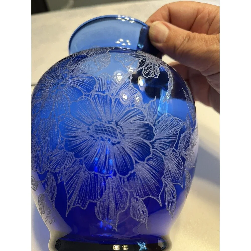 Hand Painted Floral Dragonfly Blue Glass Vase Artist Signed S Conrad